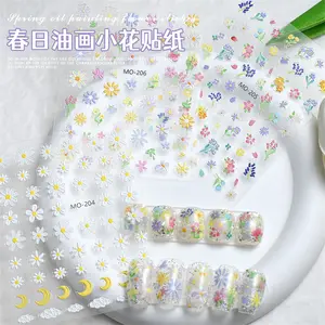 Spring Oil Painting Small Flower Nail Art Daisies Colorful Floral Relief Nail Stickers