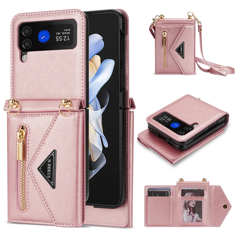 Crossbody Leather Card Slot Zipper Wallet Case for Samsung Galaxy Z Flip 4 3 flip3 flip4 5G Phone Cover Cards holder Strap Coque