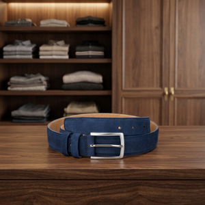 Cinturón de Cuero Genuino Azul Marino, Piel de Vaca, Color Sólido, Hebilla Rectangular Plateada, Estilo Formal, 2.5 Pulgadas de Ancho, Duradero - Product Image 3