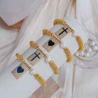 Bracelet Religieux Bohème-Plaqué Or Croix Coeur Vierge Marie Pendentif avec Perle Chaîne Élastique Réglable Vente en Gros