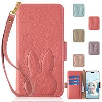Nouvelle coque magnétique à rabat motif lapin mignon pour iPhone 16/16E/16 Plus/15 Pro/14, étui portefeuille pour iPhone 8 Plus avec cordon