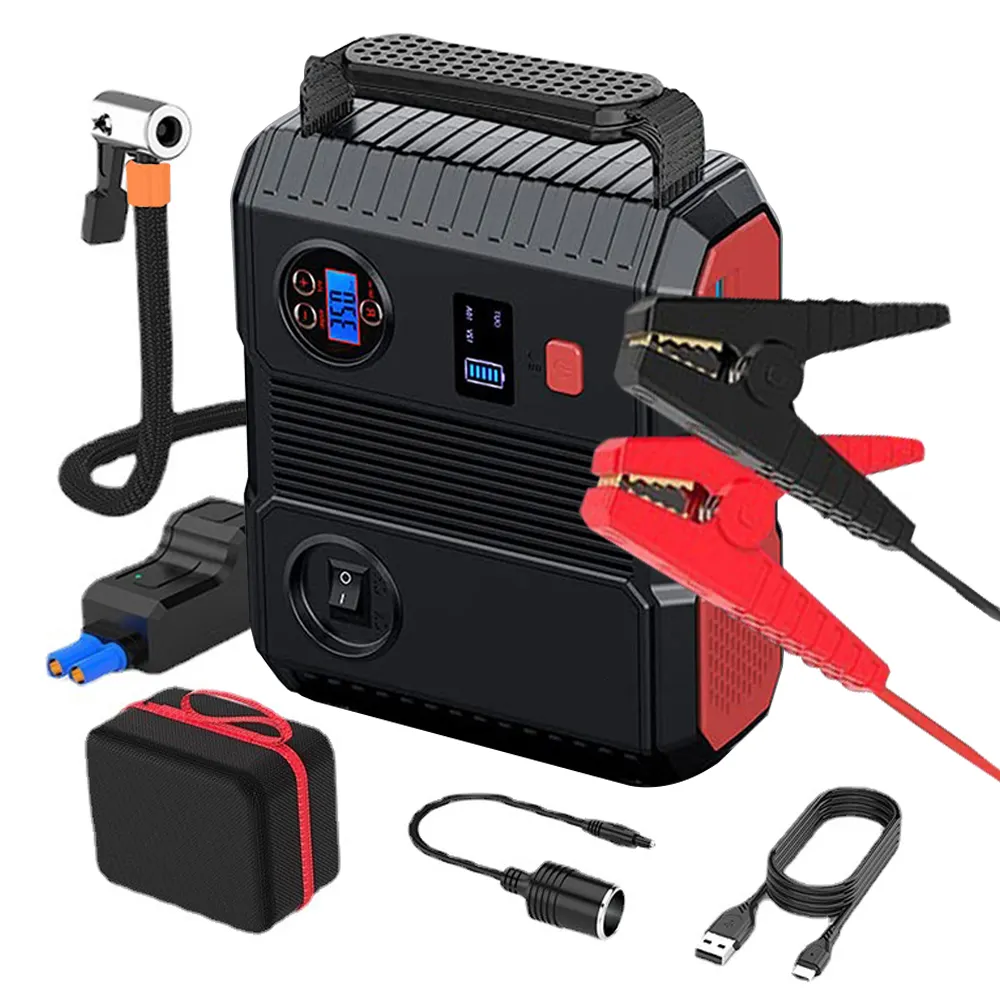 High power emergency jump starter power bank with tire pump multi-function portable car battery booster with air compressor