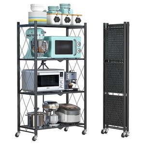 Bán buôn ráp xách tay giỏ hàng nhà bếp tổ chức gấp Kệ 4 Tier có thể gập lại Rack với bánh xe - Product Image 2