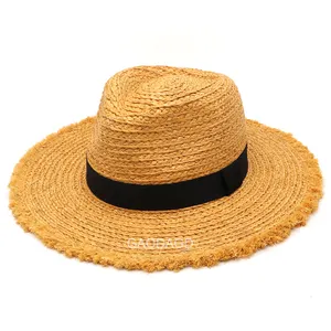 Topi anyaman jerami rafia kustom grosir dengan tepi lebar topi koboi topi jerami wanita pantai