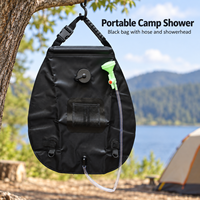 Sac de douche de camping noir 20 L avec tuyau, pommeau de pulvérisation et sac en filet