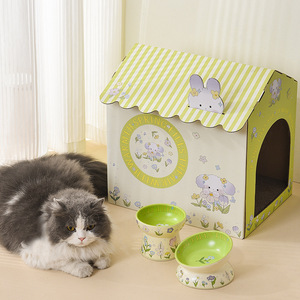 Maison pour animaux Green Rabbit, lit pour chat, cabane en carton avec ensemble de bols pour chats, utilisable en toutes saisons - Product Image 1
