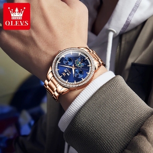 นาฬิกาข้อมือผู้ชาย OLEVS 6695 ระบบดรอปชิปปิ้ง หน้าปัดมัลติฟังก์ชั่นเต็มรูปแบบ สายสตีลสีน้ำเงิน ปฏิทิน วันที่ วันในสัปดาห์ ข้างขึ้นข้างแรม กันน้ำ - Product Image 4