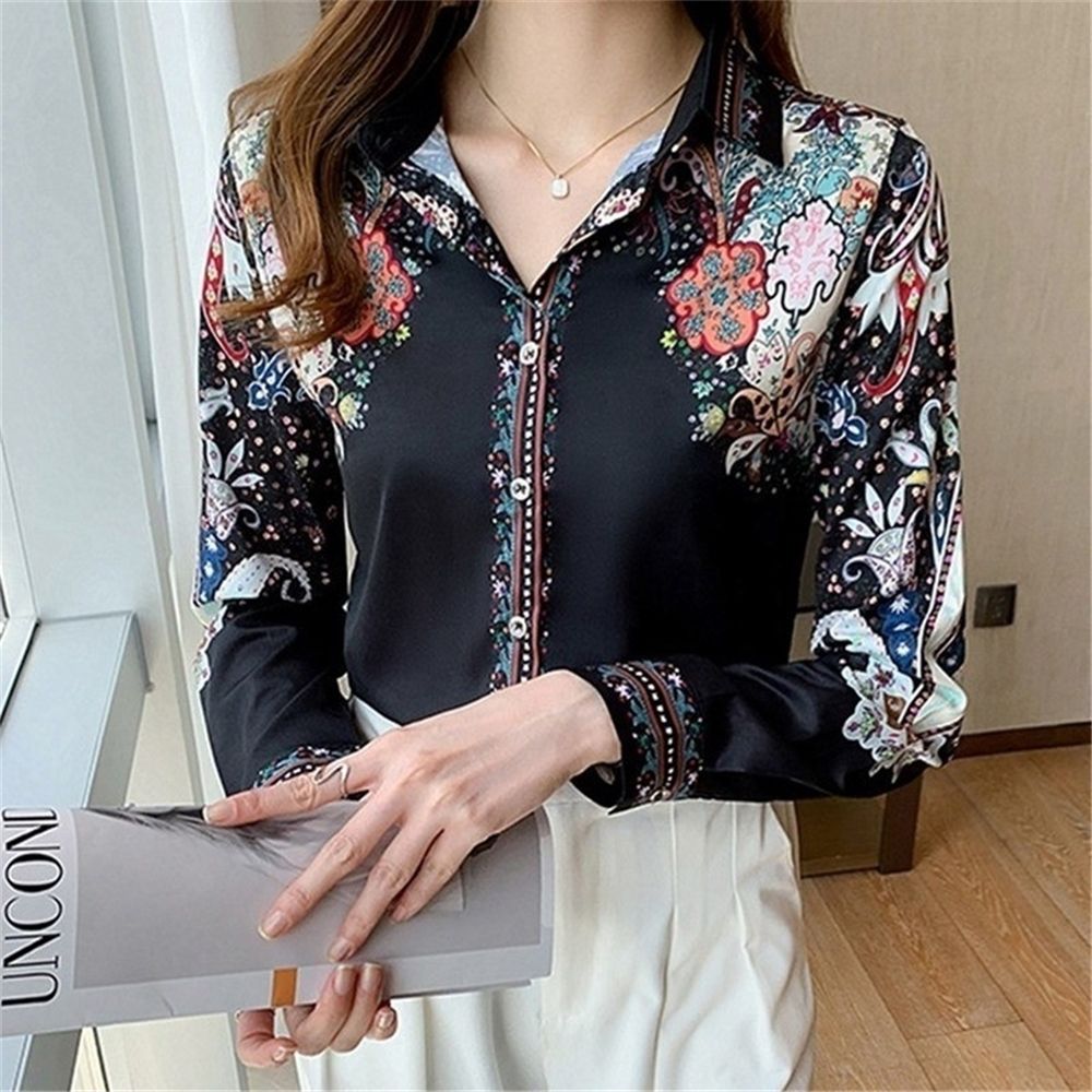 Camisa feminina chiffon estampa flores, blusa de escritório para
