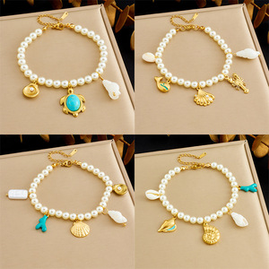 Pearl <b>Beaded</b> <b>Bracelet</b> With Seashell Coral Turtle Charm Marine Life Jewelry For Everyday Wear - Product Image 1