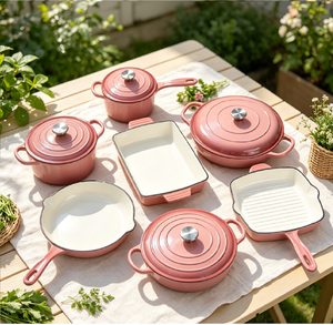 Batterie de cuisine en fonte émaillée 7 pièces, compatible <span class=keywords><strong>four</strong></span>, cocotte et poêle, durable, écologique, antiadhésive, pour cuisinière à induction et gaz - Product Image 4