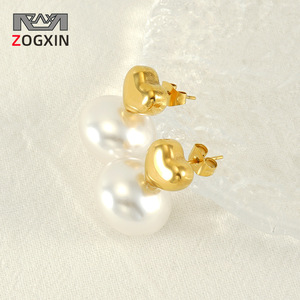 Heart-Shaped Pearl <b>Stud</b> Earrings Gold Plated 18K <b>Titanium</b> Steel For Women Everyday Wear - Product Image 2