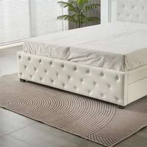 Estrutura de cama dupla Queen size com rodízio, mobília de quarto em botões, estofamento em couro branco luxuoso e leve