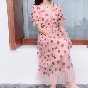 Abito stile coreano in garza alla <span class=keywords><strong>fragola</strong></span> da donna da ragazza estate dolce eleganza dolce manica corta a collo corto abito lungo Casual - Product Image 5