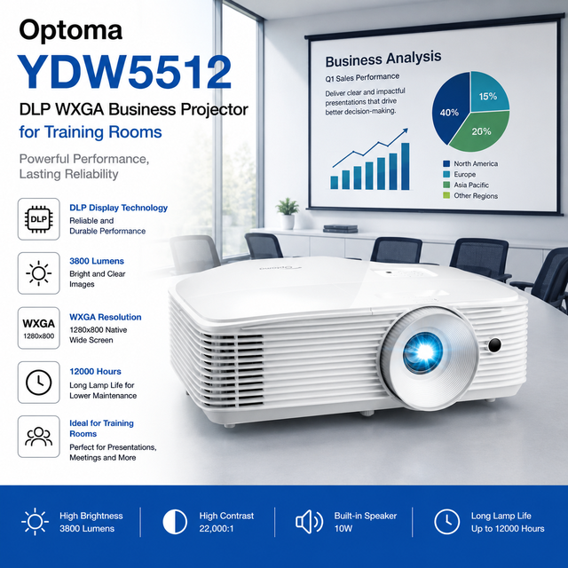 Blu-ray 3D Support Optoma YDW5512 DLP WXGA Business Projector 3800 Lumens with 22000 1 Contrast for Education