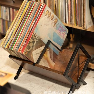 Wooden Record Stand With Iron <b>Frame</b> Single Layer Desktop <b>Vinyl</b> Cd Storage Rack For Home Office Use - Product Image 1
