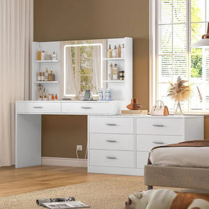 Espejo con luz LED Toma de corriente Esquina moderna Escritorio de tocador con 8 cajones Estantes abiertos Tocador Dormitorio Sala de maquillaje - Product Image 4
