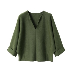 Prendas de punto de manga de murciélago con cuello en V simples personalizadas, <span class=keywords><strong>pantalones</strong></span> de pierna ancha holgados informales, Traje de dos piezas de punto, conjuntos de suéter para mujer - Product Image 2