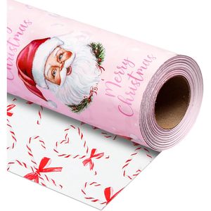Papel de Regalo Navideño Burymento, 17 Pulgadas x 32.8 Pies, Reversible, Diseño de Bastones de Caramelo Rosados con Santa Claus - Product Image 1