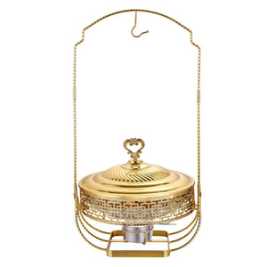 Ré<span class=keywords><strong>chaud</strong></span> à alcool rond de luxe en acier inoxydable doré avec dentelle, couvercle articulé, chauffe-plats pour buffet d'hôtel et de restaurant - Product Image 3