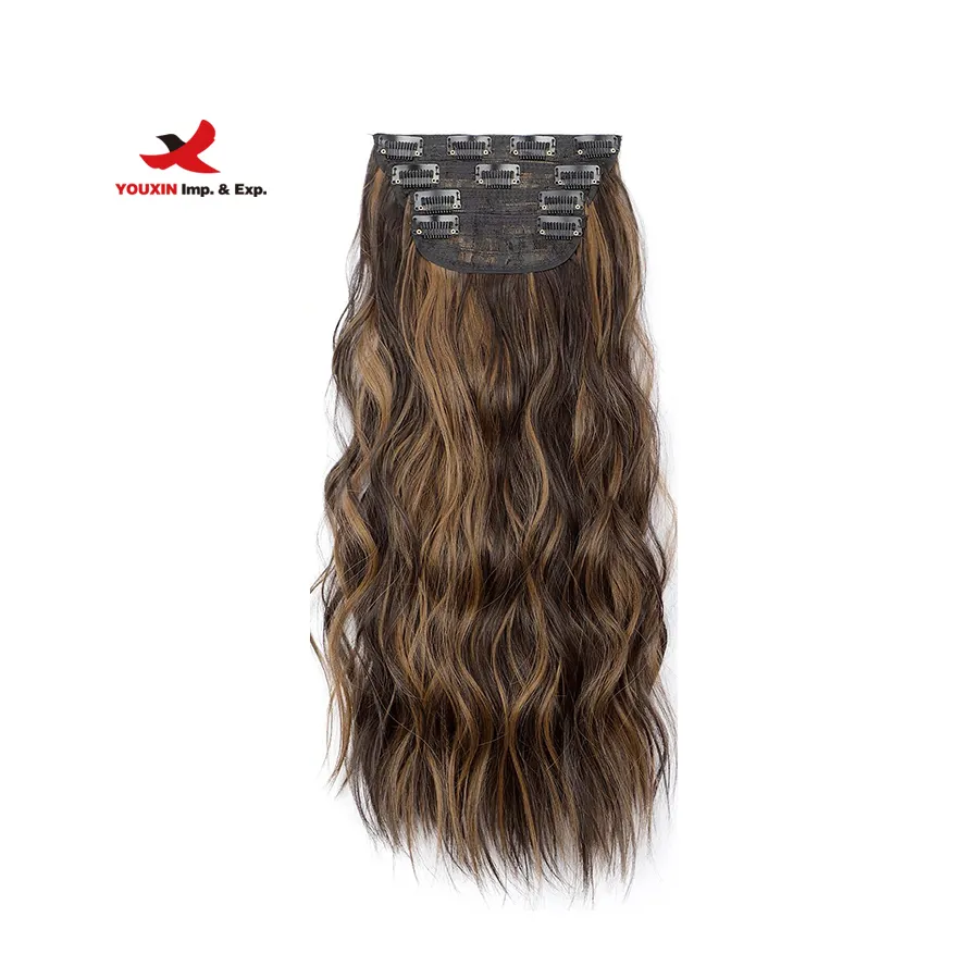 FENGFLY balayage clip in long wavy synthetic hair extension real dark brown clip for hair extensions