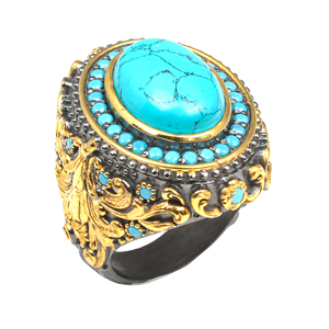 Anillo NUSRET de Plata de Ley 925 Chapado en Oro con Grabado a Mano y Piedra Turquesa, Joyería Turca Modelo WGEYZ1609 - Product Image 1