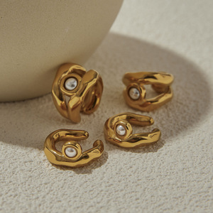 Yueli Pearl <b>Cuff</b> <b>Earrings</b> Gold Tone Bezel Set Stainless Steel Everyday Wear Geometric Design - Product Image 4