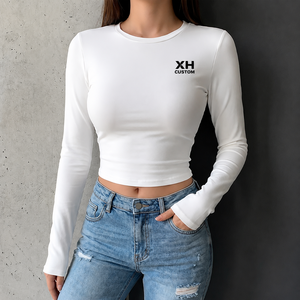 Top Corto de Manga Larga Blanco para Mujer XH CUSTOM, Cuello Redondo, Corte Ajustado, Tejido de Punto, Spandex y Algodón, Logotipo Minimalista Estampado, para Todas las Temporadas - Product Image 1