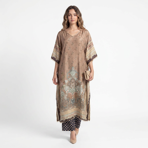 Robe longue en soie et plumes pour femmes, kaftan maxi élégant, coupe ample, robe fluide pour l'été, l'hiver, l'automne, le printemps, toutes saisons - Product Image 1