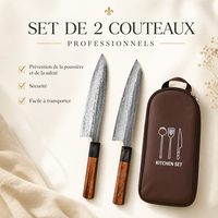 Ensemble de 2 couteaux de cuisine Damas, couteau Kiritsuke et couteau de chef avec manche en bois et étui de transport pour sashimi, cuisine française, cadeau