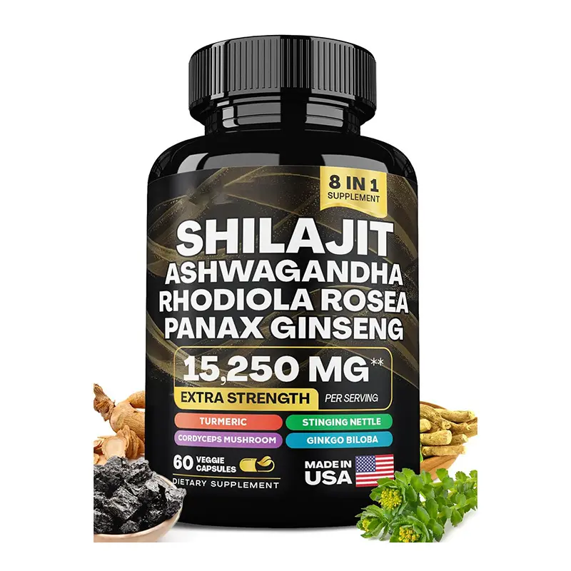 OEM vendita calda Shilajit puro Himalayan Energy Booster Ashwagandha, Rhodiola Rosea, Panax Ginseng, curcuma, Ginkgo Biloba