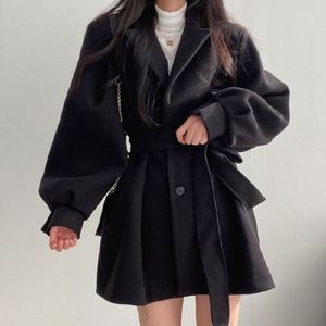 Manteau décontracté pour femme automne-hiver, style coréen, col tailleur, manches bouffantes, couleur unie, boutonné, coupe ajustée et ample, avec ceinture - Product Image 5