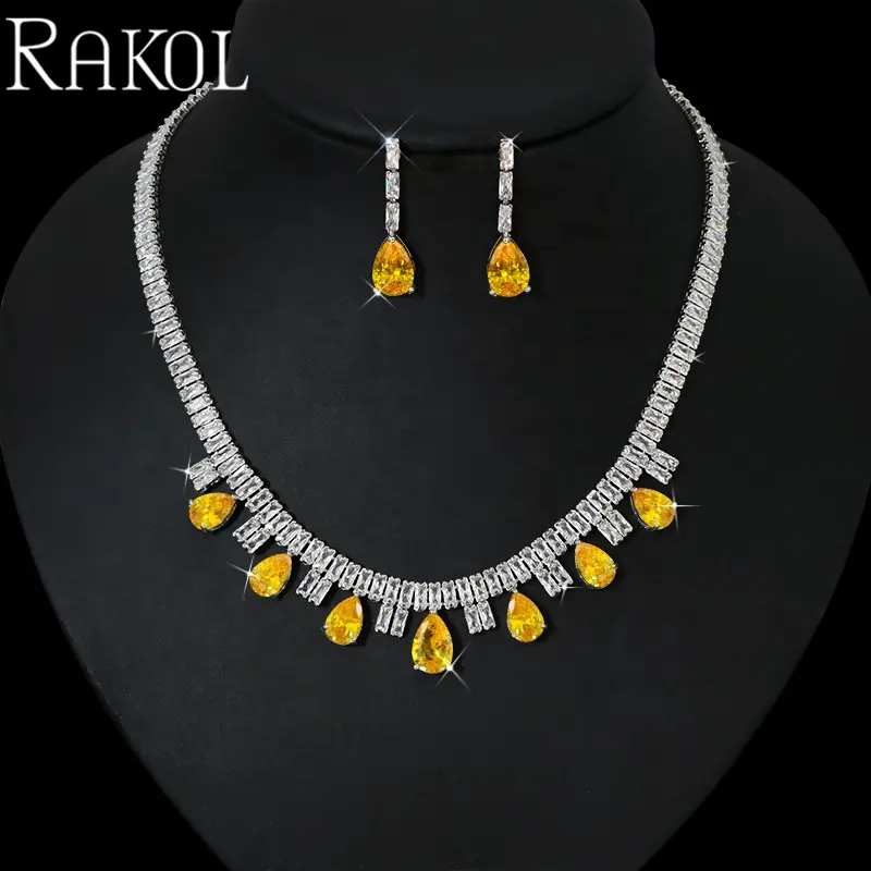 RAKOL SP5021 cubic zirconia dubai gold fashion jewelry set for women water drop charm dubai necklace jewelry sets jewellery