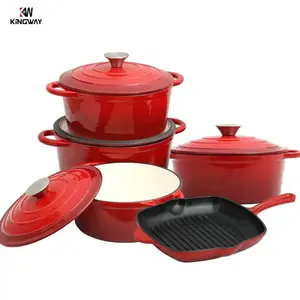Оптовая продажа, чугунная эмалированная кастрюля красного цвета, наборы посуды с антипригарным покрытием