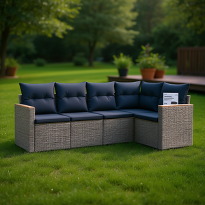 Ensemble de canapés de jardin en polyrotin gris, 5 pièces, avec coussins, meubles d'extérieur, design contemporain - Product Image 2