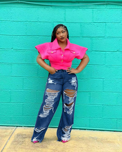 Pantalon long <span class=keywords><strong>en</strong></span> <span class=keywords><strong>jean</strong></span> pour <span class=keywords><strong>femme</strong></span>, élégant, coupe slim, avec détails troués, taille haute, poches boutonnées, coupe droite, pour l'été - Product Image 5