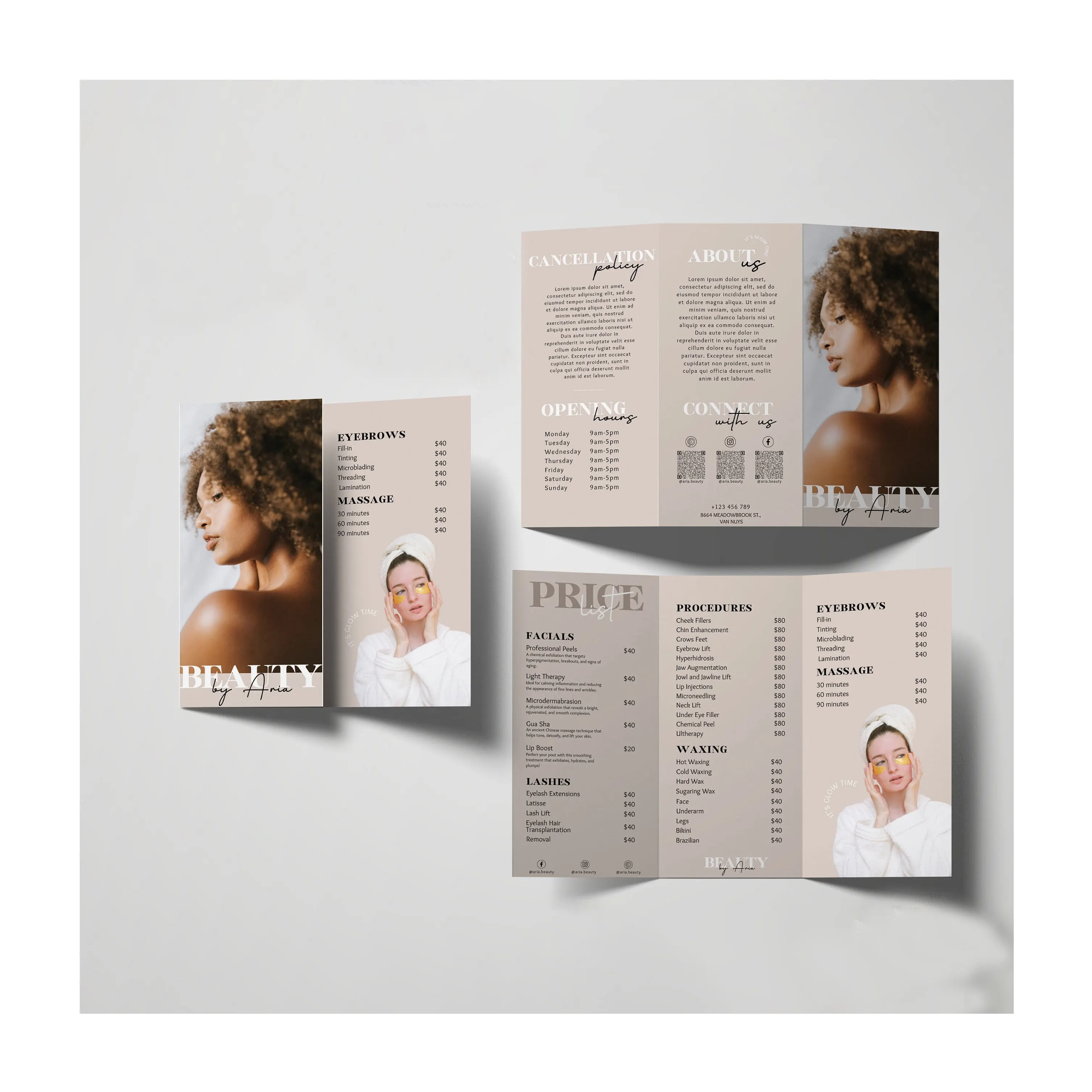 Brochure a tre ante minimalista Beauty Studio Pricelist Skincare Template Business Printables