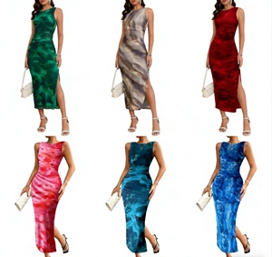 Nuovo Arrivo 2025: Abito Lungo da Donna Senza Maniche con Arricciature e Tie-Dye, Aderente con Spacco Laterale per Feste, Cocktail, Serate Formali - Product Image 1