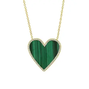 Gemnel new trendy 925 silver jewelry gold plated diamond frame malachite heart pendant necklace