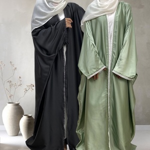 Light Shiny Satin Silk Abaya Batwing Sleeve <b>Cardigan</b> with Cute Lace for Muslim Women Islamic Clothing 1429# - Product Image 2