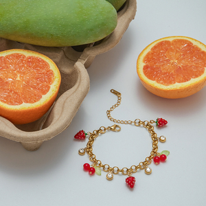 Braccialetto JD Sweet in Acciaio Inossidabile Stile Oceano con Ciondoli Diamantati a Forma di Fragola e Ciliegia in Vetro per Ragazze - Product Image 4