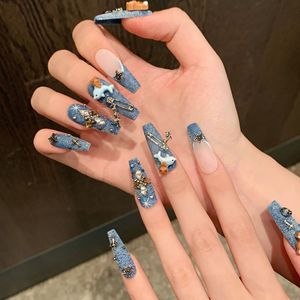 Unghie Finte Lunghe in Denim Vintage Stile Ragazza Nera Fatte a Mano, Copertura Completa, Forma Quadrata, 10 Pezzi per Dita - Product Image 1