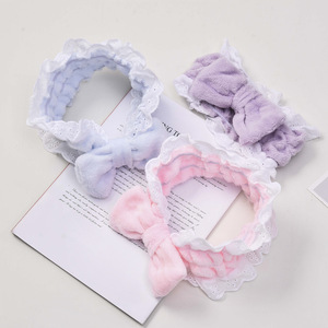 Factory Custom Plush <b>Lace</b> Spa Hair Band Bow <b>Elasticity</b> Wide Headband Makeup Face Wash Promotional Hair Accessories - Product Image 3