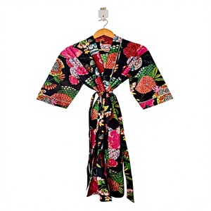 Bata de dormir informal de algodón 100% con estampado floral para mujer, manga corta, cuello en V, largo completo, estilo kimono - Product Image 1