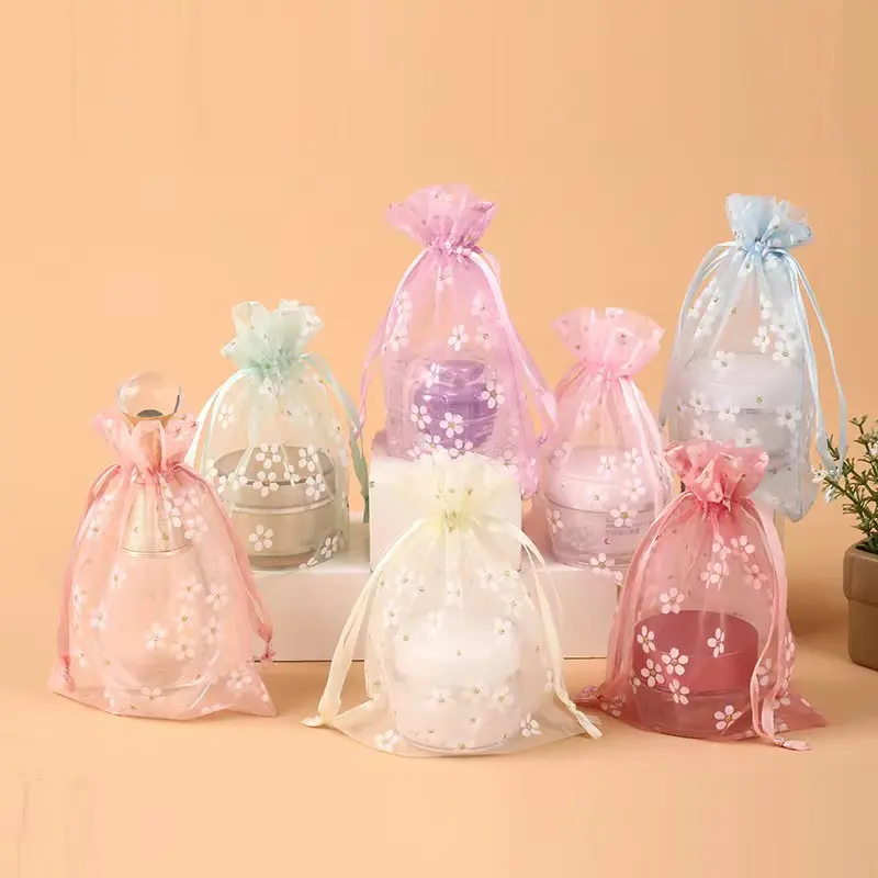 Custom Printed Luxury Organza Wedding Drawstring Pouch Bag Promotional Jewellery Packaging Gift Bag