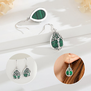 Boucles d'oreilles pendantes hypoallergéniques Merryshine en obsidienne et <span class=keywords><strong>pierre</strong></span> <span class=keywords><strong>de</strong></span> <span class=keywords><strong>lune</strong></span>, motif arbre <span class=keywords><strong>de</strong></span> vie, avec fermoir à levier - Product Image 4