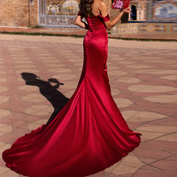 Robe de soirée rouge ADYABY sexy, épaules dénudées, décolleté plongeant, pour mariage, fête ou dîner