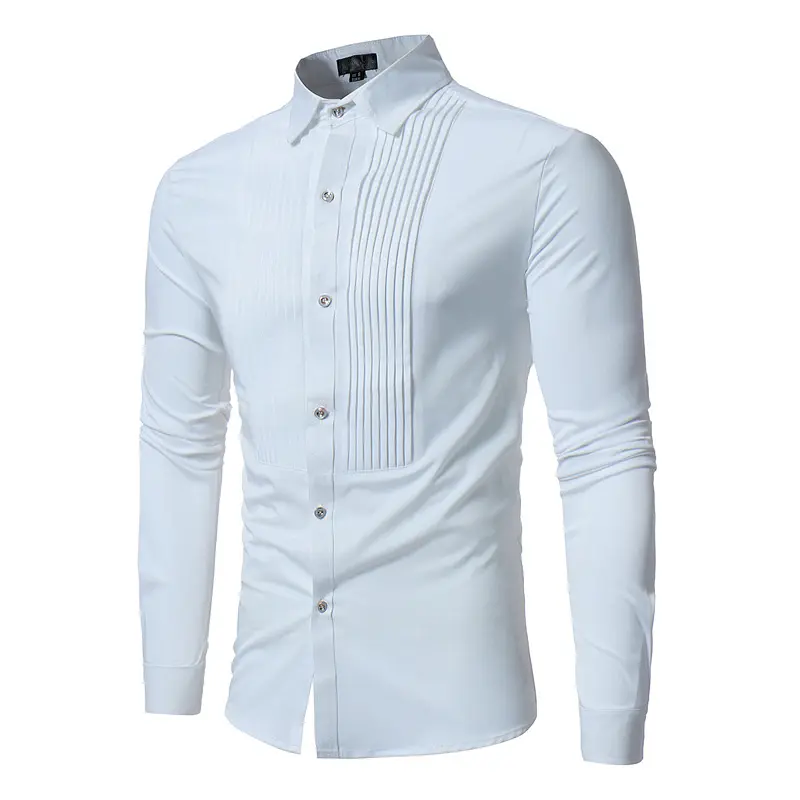 Fashion Long Sleeve Shirt Solid Slim Fit Male Social Casual Business Pleated Mens Clothing Men's Shirts C13583