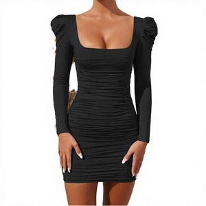 Robes Décontractées Femme Col Carré Dos Nu Sexy Robe Midi Automne Manches Longues Taille Empire Élégante Robes de Soirée Club ODM - Product Image 2