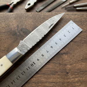 Damascus Folding Utility <b>Knife</b> Industrial Grade 3-Year Warranty <b>Bone</b> and Bull Horn <b>Handle</b> for Retailers - Product Image 4