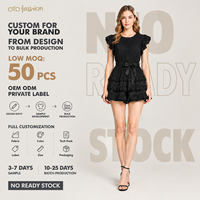 Robe Courte Noire Femme à Manches Volantes, Volants Superposés, Bordure en Dentelle, Ceinture à Nœud, pour Soirée, Personnalisable, OEM, Vente en Gros
